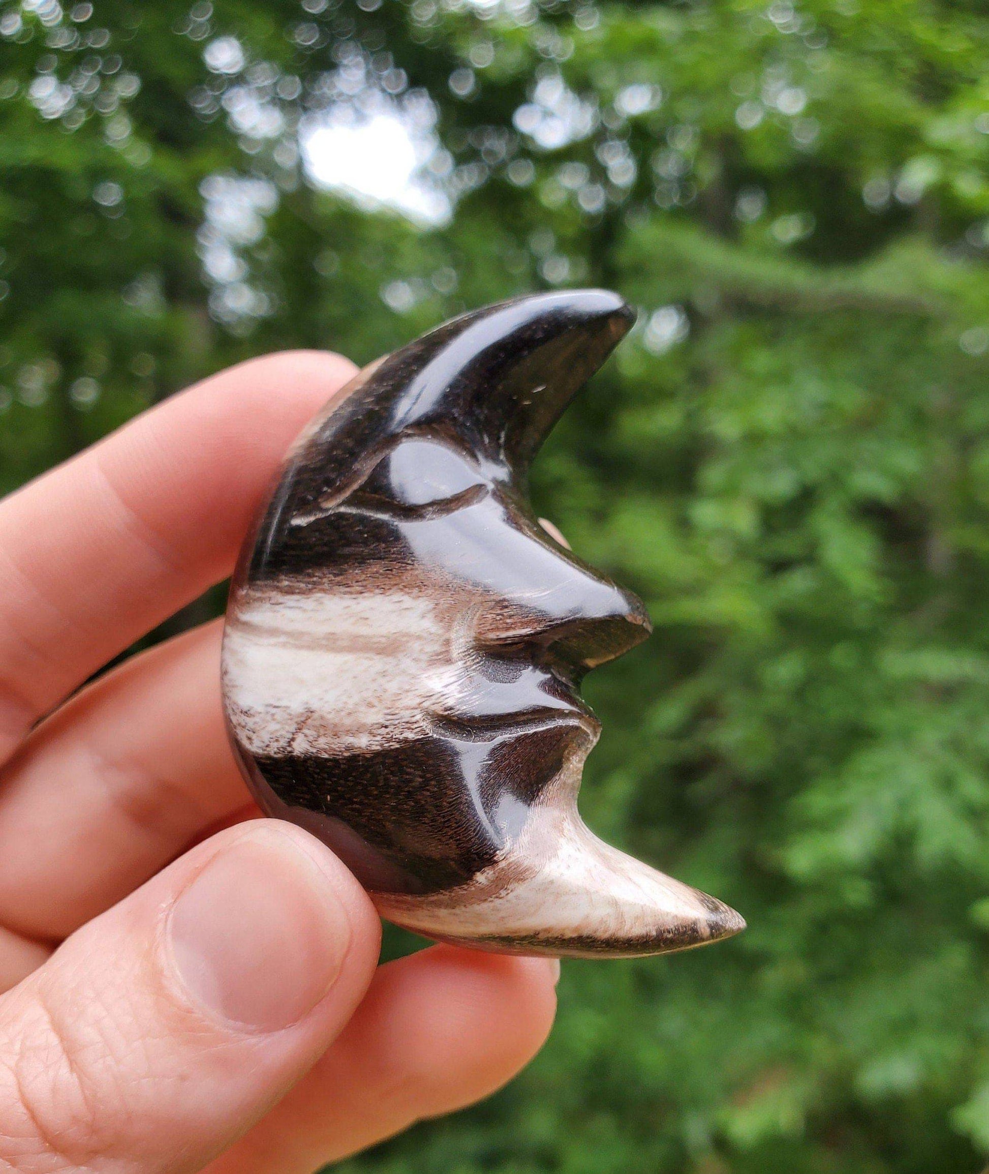 Hand Carved Petrified Wood Moon. Moon with Face. Fossilized Wood. Moon Palmstone. Meditation tool. Wood Carving. - EarthyElementStudio