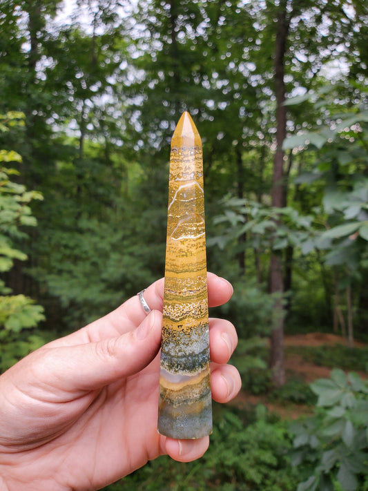 Gorgeous Ocean Jasper Point/ Small Tower. Yellow Green JASPER Point. Orbicular Jasper. Druzy pocket. - EarthyElementStudio