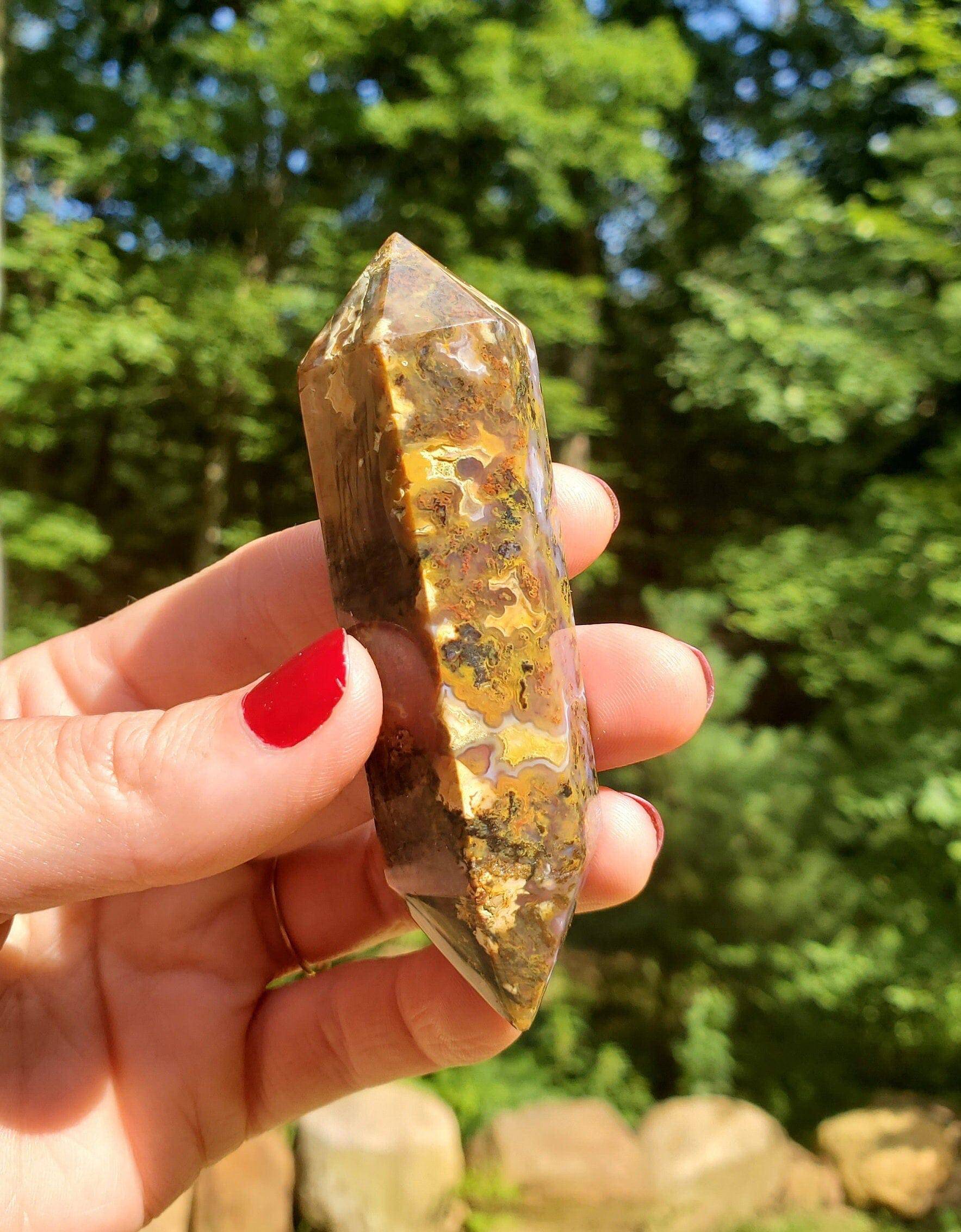 Beautiful Red Moss Agate. Double Terminate Point /Wand. Carved Crystal. Spiritual growth. Prosperity. - EarthyElementStudio