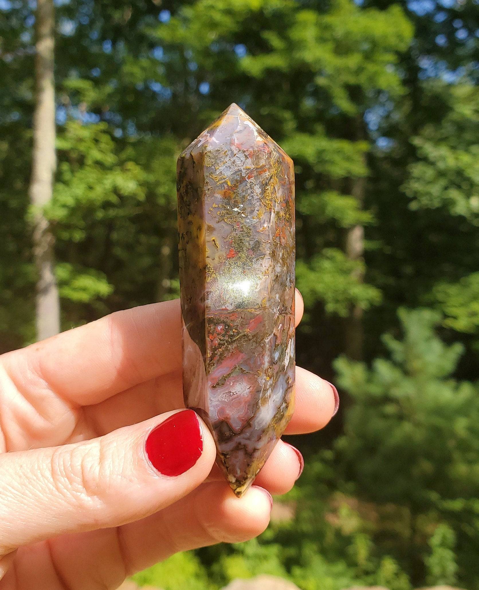 Beautiful Red Moss Agate. Double Terminate Point /Wand. Carved Crystal. Spiritual growth. Prosperity. - EarthyElementStudio