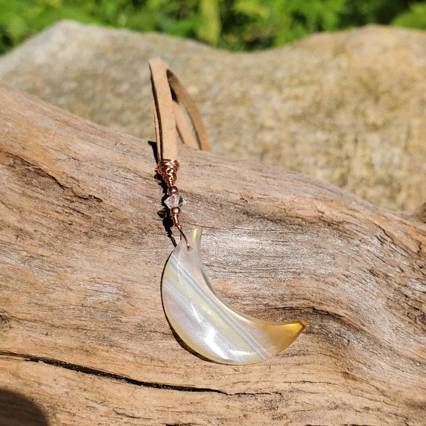 Wire wrapped Iris Agate Moon Suncatcher. Window display. Copper. Herkimer diamonds. Iridescent agate. RAINBOW. Leather. - EarthyElementStudio