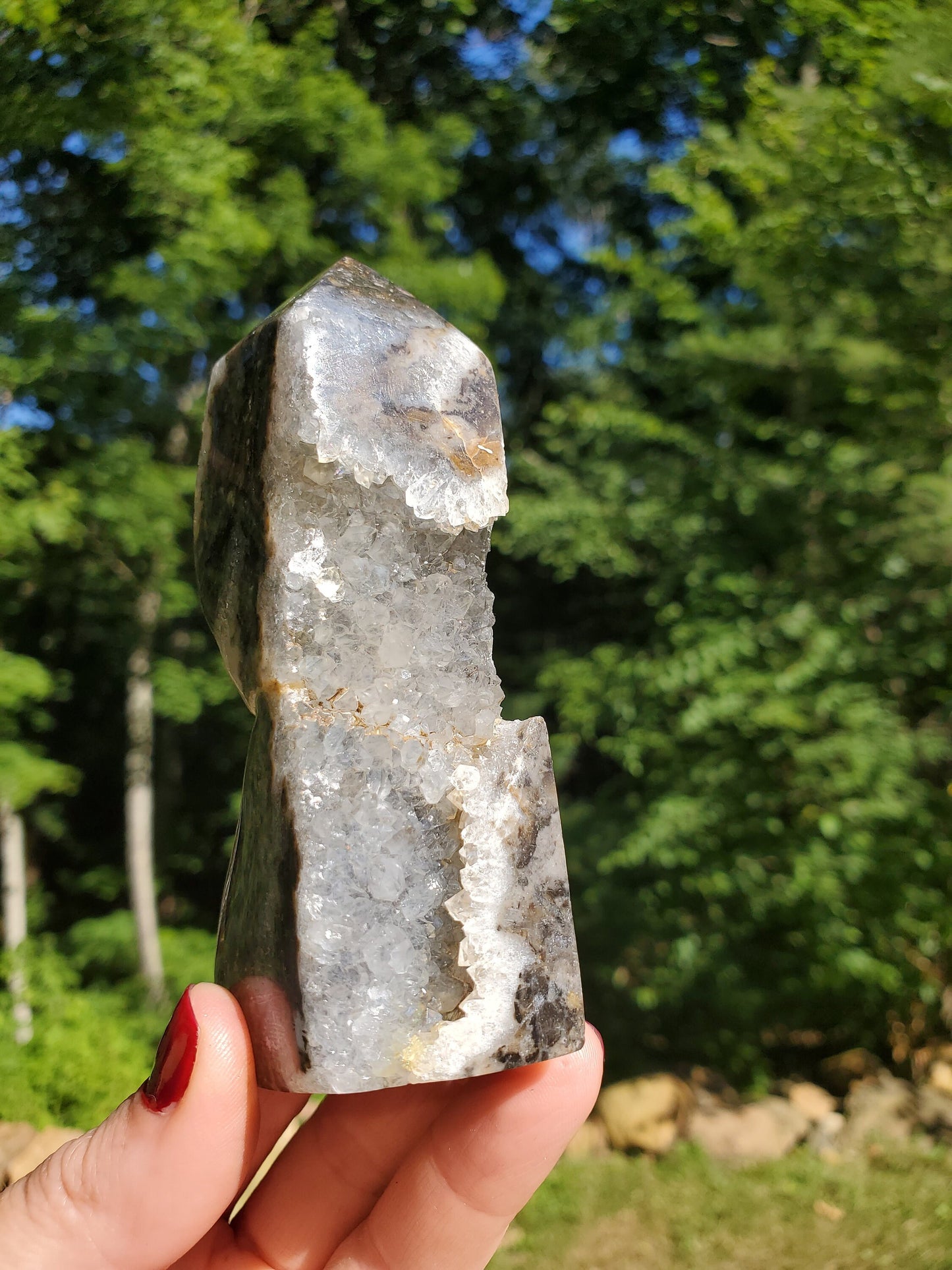 Beautiful Polished Indonesian Agate Tower with Druzy Quartz.  Meditation tool. Crystal Decor.