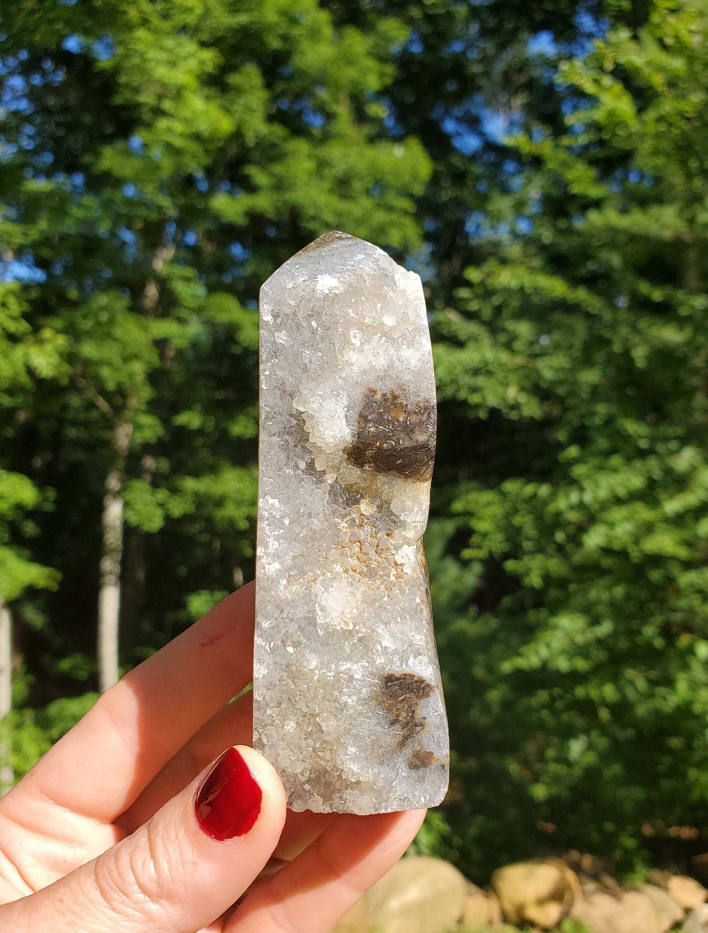 Beautiful Polished Indonesian Agate Tower with Druzy Quartz.  Meditation tool. Crystal Decor.