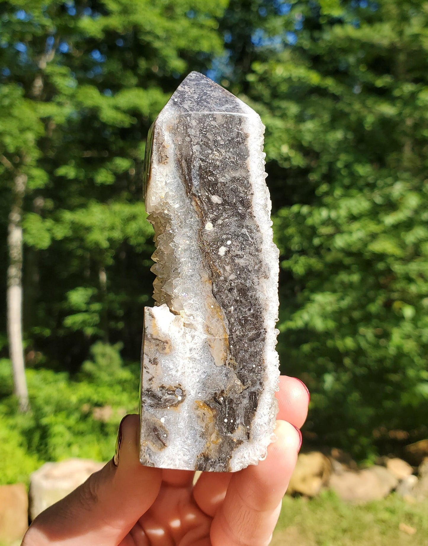 Beautiful Polished Indonesian Agate Tower with Druzy Quartz.  Meditation tool. Crystal Decor.