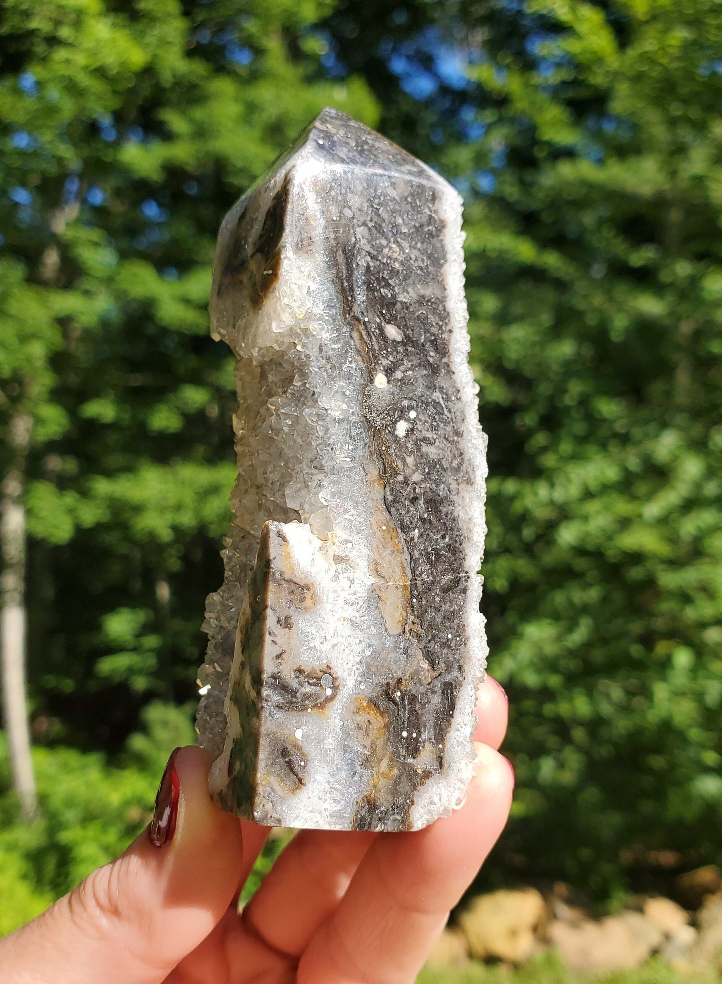 Beautiful Polished Indonesian Agate Tower with Druzy Quartz.  Meditation tool. Crystal Decor.