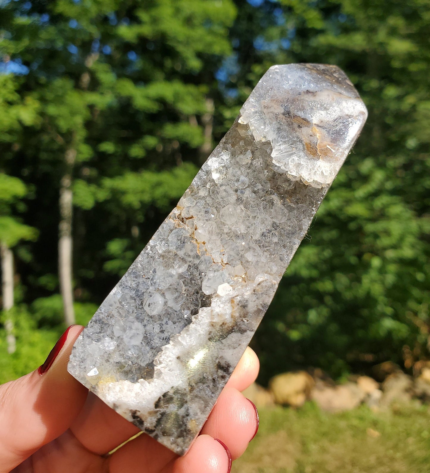 Beautiful Polished Indonesian Agate Tower with Druzy Quartz.  Meditation tool. Crystal Decor.