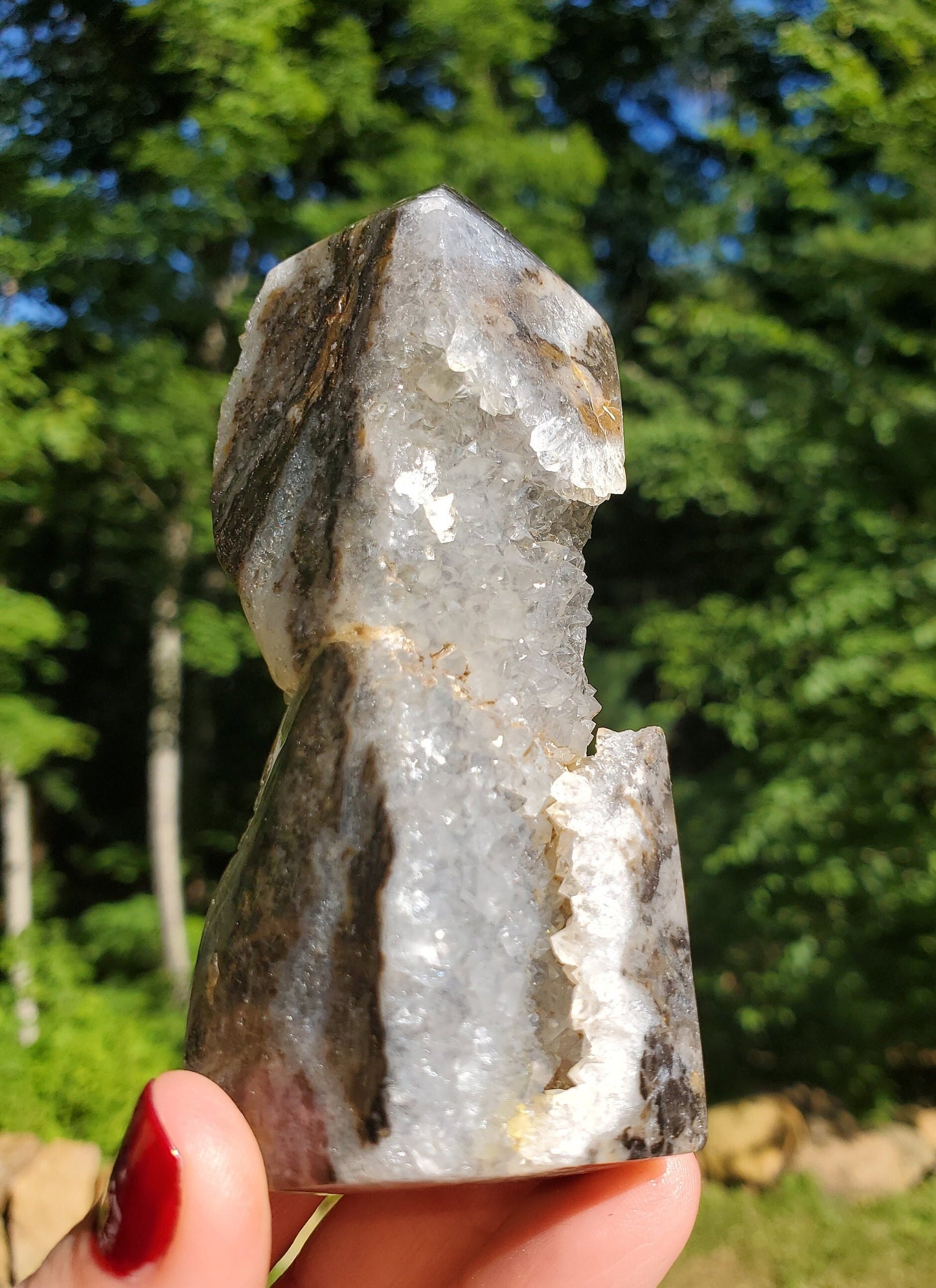 Beautiful Polished Indonesian Agate Tower with Druzy Quartz.  Meditation tool. Crystal Decor.