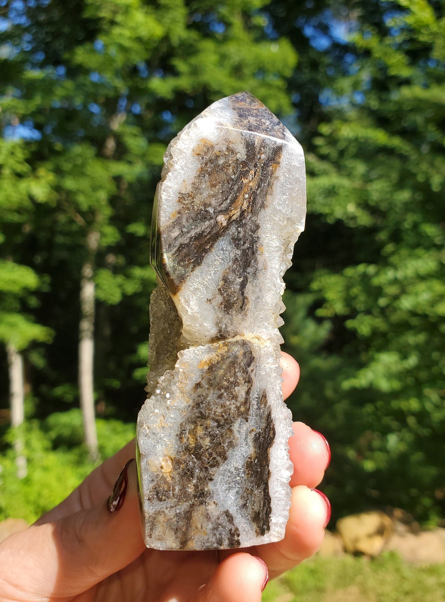 Beautiful Polished Indonesian Agate Tower with Druzy Quartz.  Meditation tool. Crystal Decor.