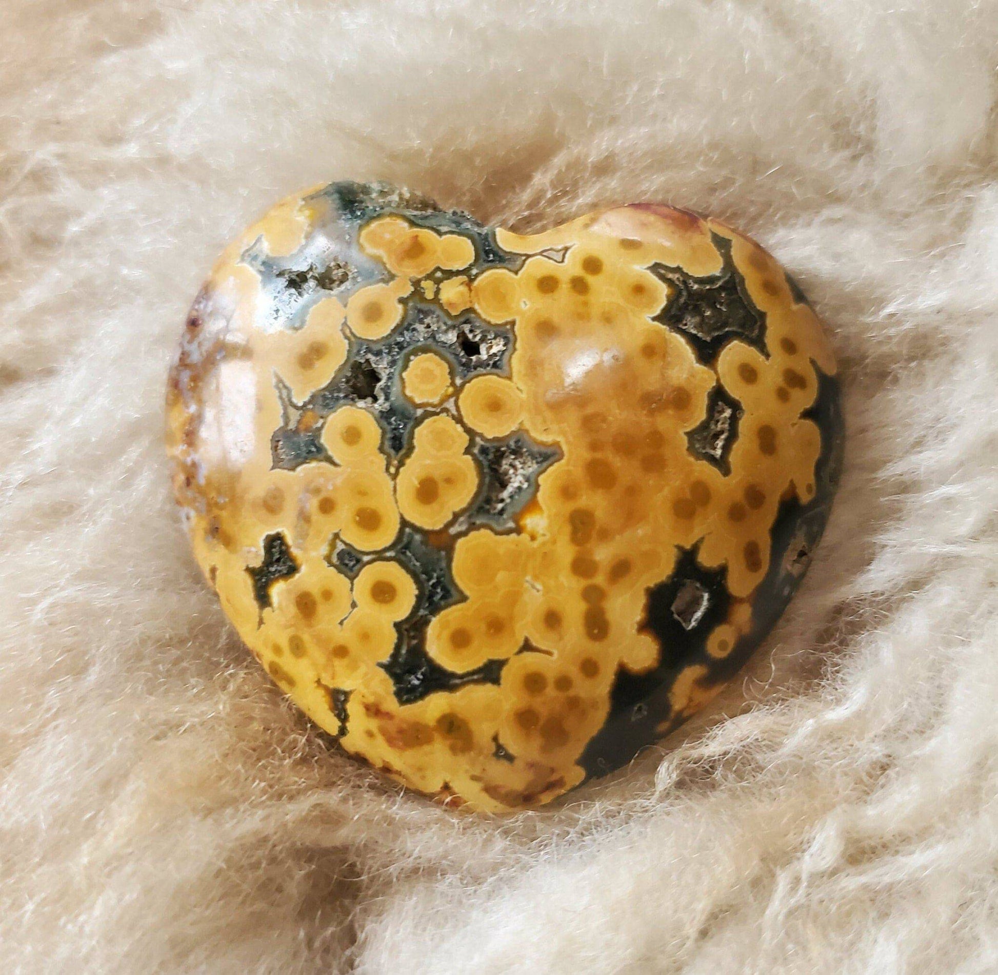 Beautiful Ocean Jasper Heart. Palm Stone. Orbicular Jasper. Indonesian Jasper. Crystal Heart. Natural Stone. - EarthyElementStudio