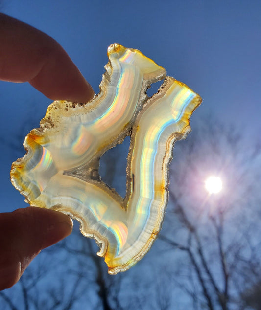 Unique Iris Agate Slice. Druzy Quartz Center.  IRIDESCENT Agate. Rainbow Agate. Meditation Tool.