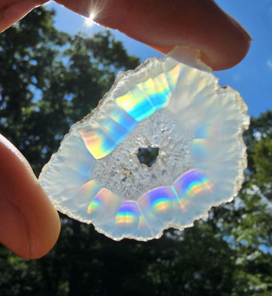 Small High Quality Iris Agate Slice. VIVID Iridescent Agate. Rainbow Agate. Quartz Center.  Meditation tools.