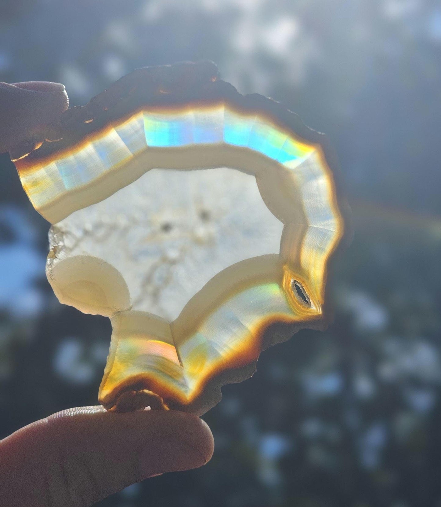 High Quality Iris Agate. Iridescent Agate. Natural Rainbow Crystal. Meditation Tool. Agate Slice. Quartz Center.