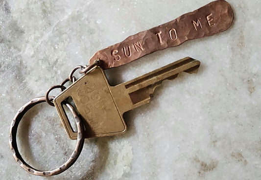 Handmade Copper Keychain. Hand Stamped-SUN TO ME. Hammered.  Organic Shape. Jewelry. Natural Recycled Metal. Zach Bryan Lyrics. Gift