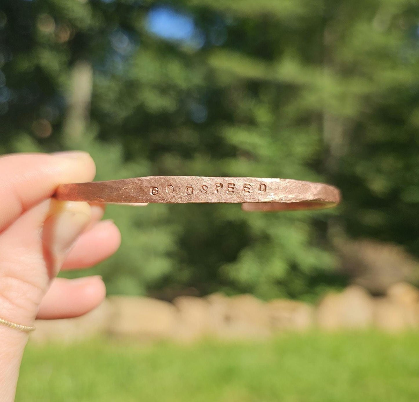 Handmade Copper Bracelet. Stamped-GODSPEED. Hand-Hammered Cuff. Organic Shape. Jewelry. Natural Recycled Metal. Grounding. Rustic.