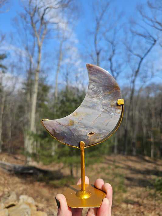 Purple Chalcedony moon carving with display stand - EarthyElementStudio